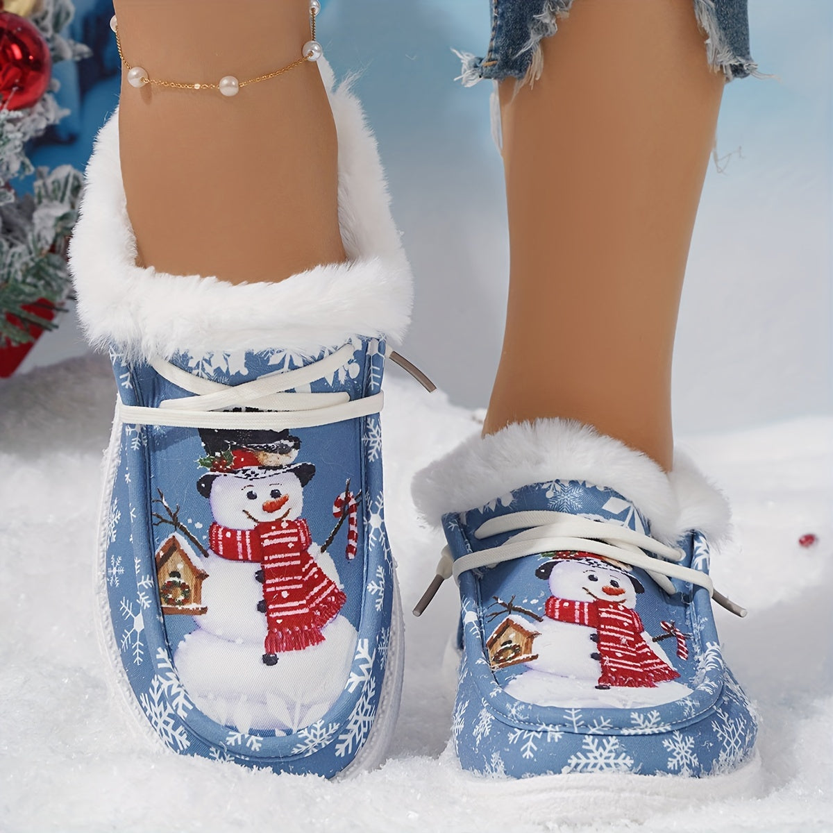 Women's Cartoon Snowflake & Snowman Pattern Shoes, Soft Sole Flat Thermal Lined Shoes, Christmas Non-slip Fluffy Canvas Shoes